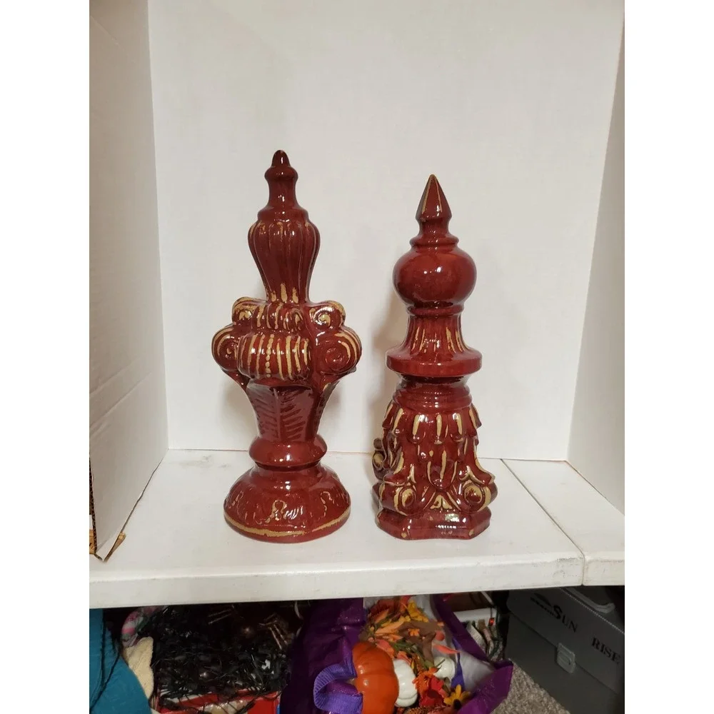 Vintage Set Decorative Finial Ceramic Burgundy Glaze 1 Has Repairs See Pics